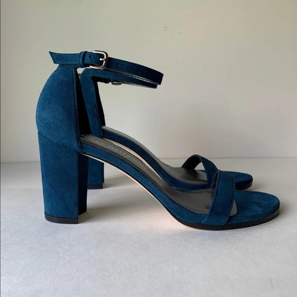 Stuart Weitzman Nearlynude Blue Teal Suede Ankle Strap Block Heel Sandal Size 7 - Picture 2 of 9